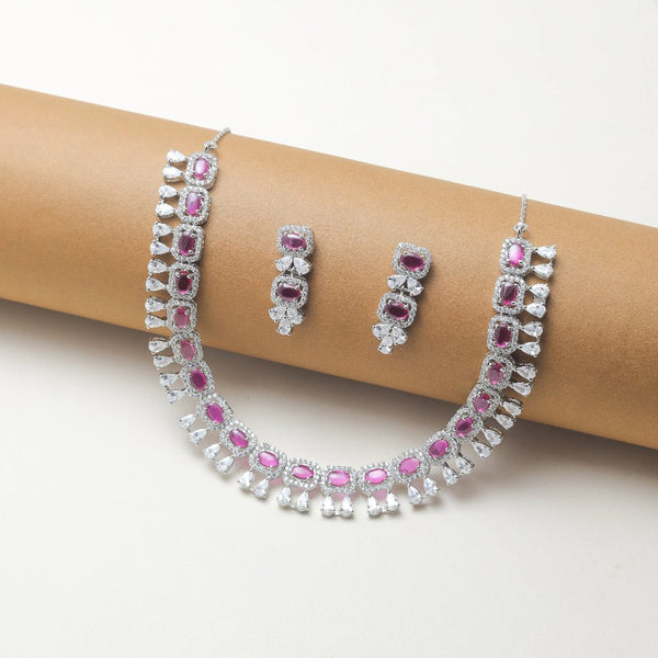 925 Silver Pink Stone Necklace Set
