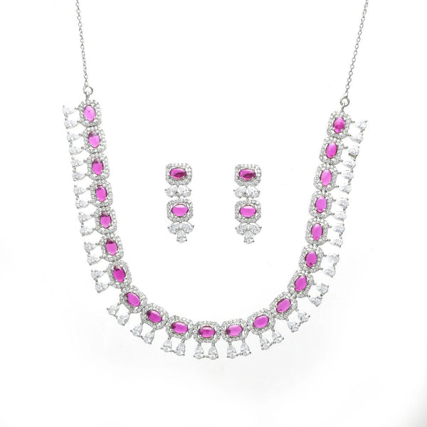 925 Silver Pink Stone Necklace Set