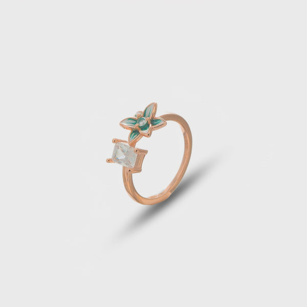 925 Rose Gold Crystal Green Petal Ring