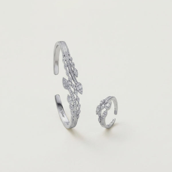 925 Silver Diamond Cluster Kada & Ring Set