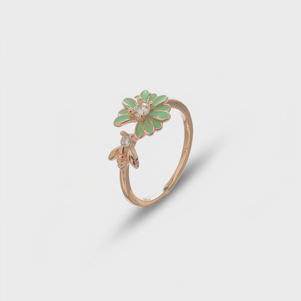925 Silver Rose Gold Green Daisy Bee Ring