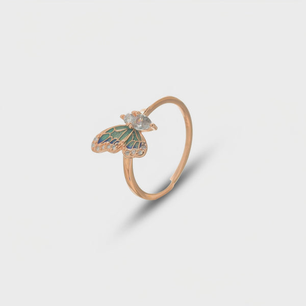925 Silver Rose Gold Green Butterfly Enamel Ring