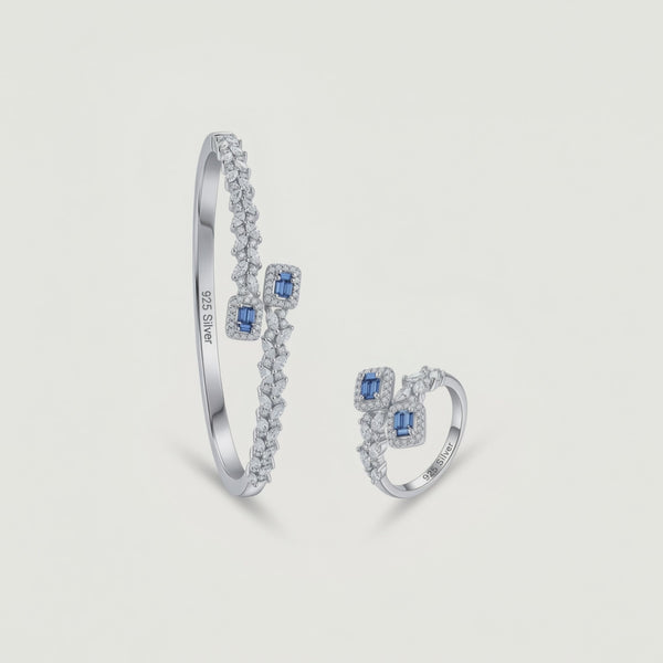 925 Silver Sapphire Bloom Kada & Ring Set