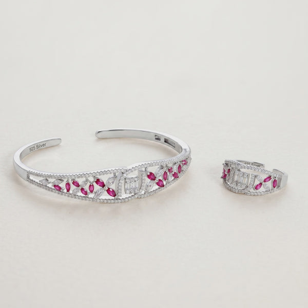 925 Silver Luxurious Pink Floral Bracelet with Ring Set
