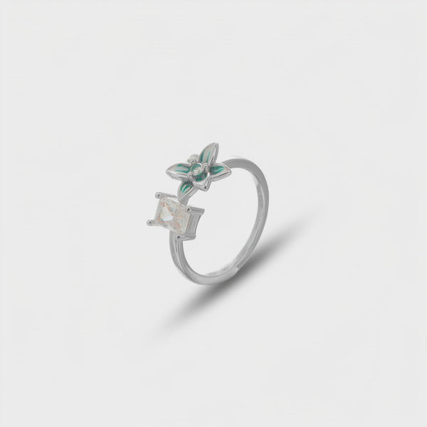925 Silver Green Floral Charm Ring