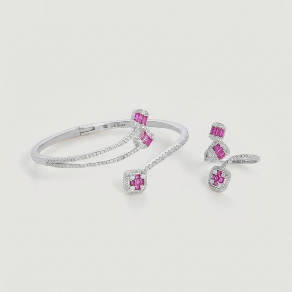 925 Silver Pink Diamond Twirling Grace Bracelet with Ring Set