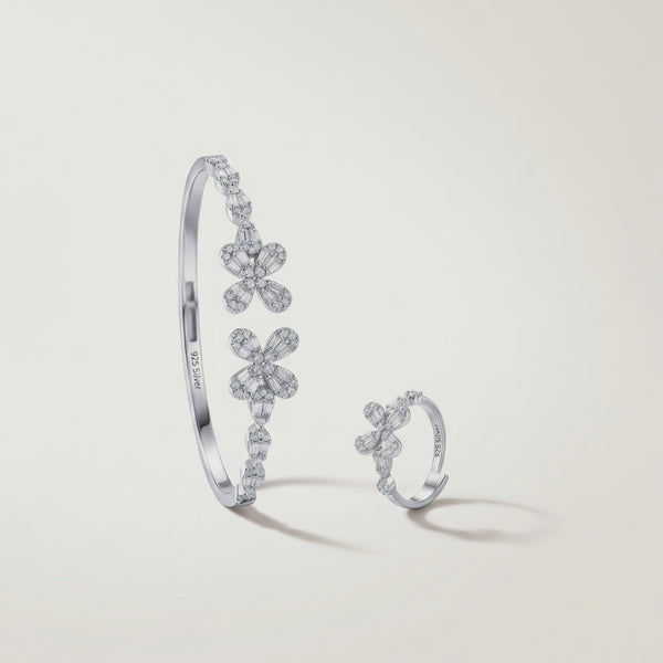 925 Silver Petal Glow Kada & Ring Set
