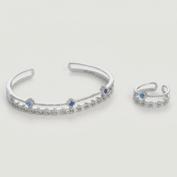 925 Silver Serene Sapphire Charm Bracelet with Ring Set