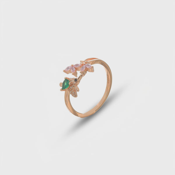 925 Silver Rose Gold Floral Gem Ring