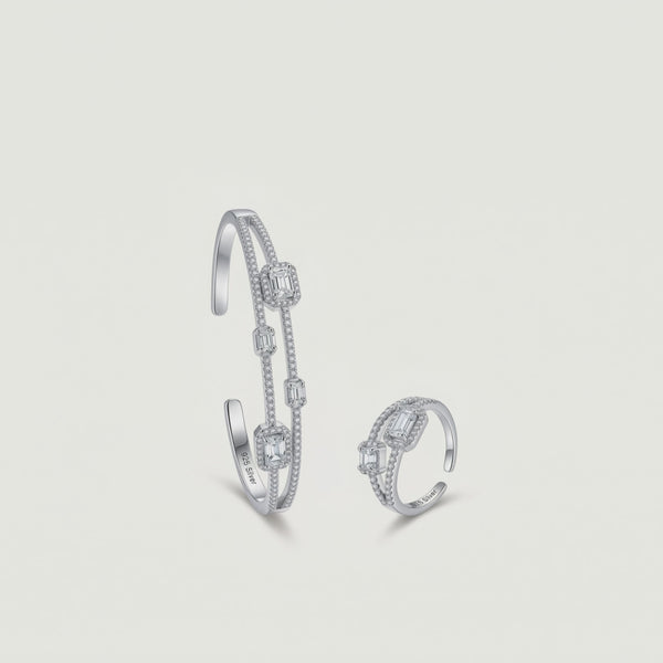 925 Silver Crystal Square Kada & Ring Set