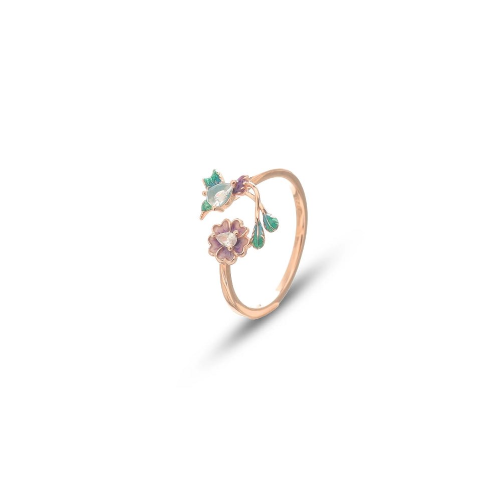 925 Rose Gold Blossom & Bird Ring - 925 sterling silver ring by Tassya Silver