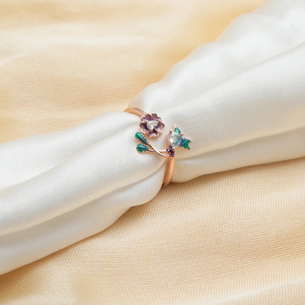 925 Rose Gold Blossom & Bird Ring - 925 sterling silver ring by Tassya Silver