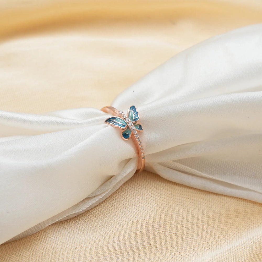 925 Rose Gold Blue Butterfly Ring - 925 sterling silver ring by Tassya Silver