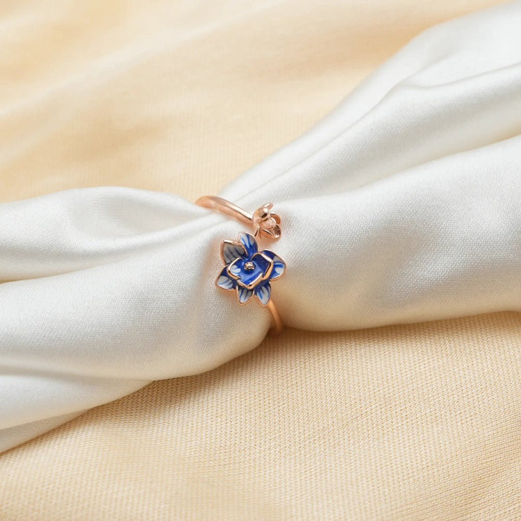 925 Rose Gold Blue Floral Ring - 925 sterling silver ring by Tassya Silver
