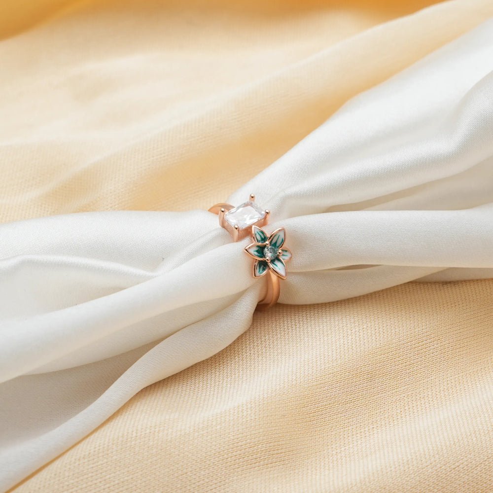 925 Rose Gold Crystal Green Petal Ring - 925 sterling silver ring by Tassya Silver