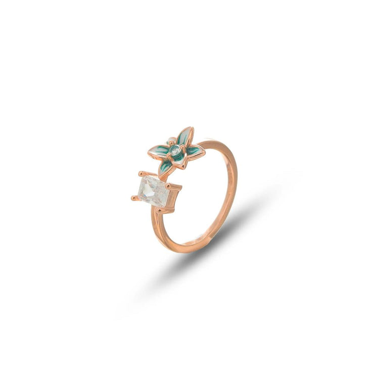 925 Rose Gold Crystal Green Petal Ring - 925 sterling silver ring by Tassya Silver