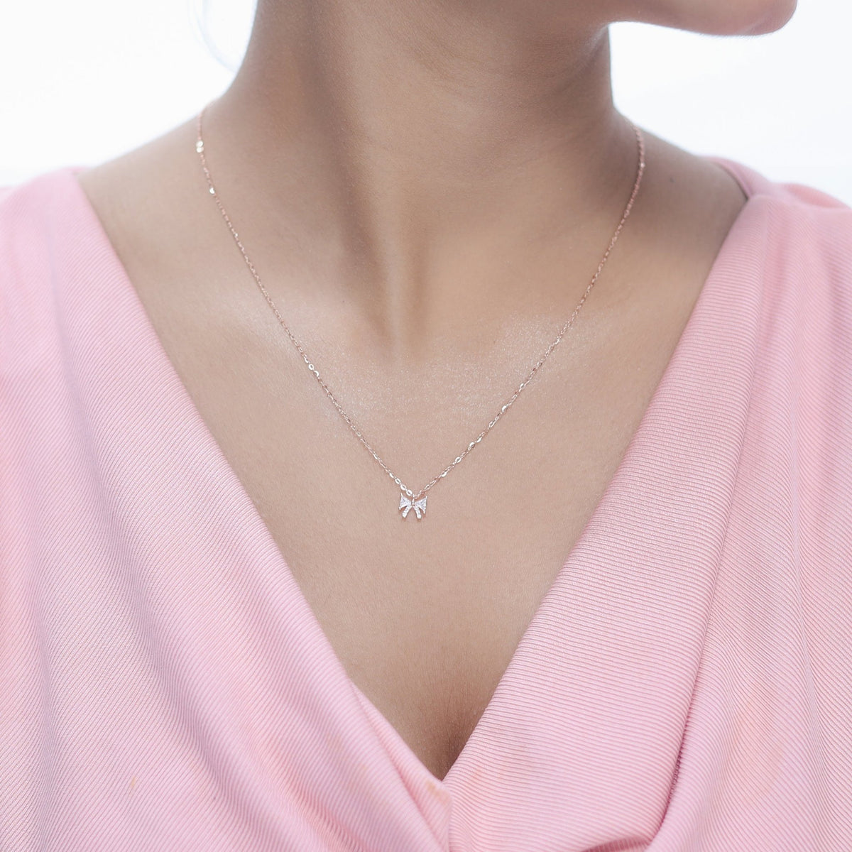 925 Rose Gold Dainty Bow Chain Pendant - 925 sterling silver pendant by Tassya Silver