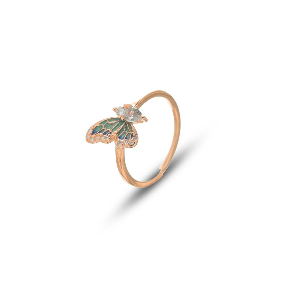 925 Silver Rose Gold Green Butterfly Enamel Ring - 925 sterling silver ring by Tassya Silver