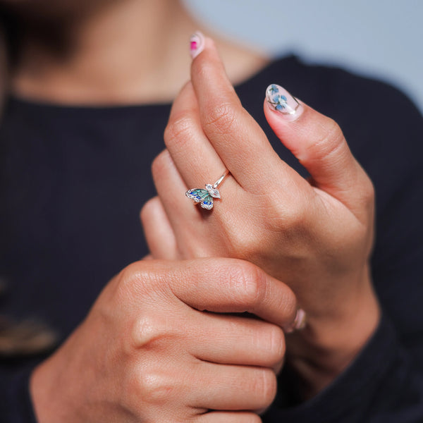 925 Silver Rose Gold Green Butterfly Enamel Ring