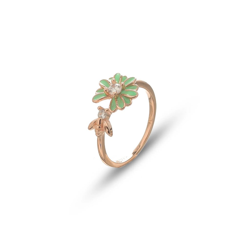 925 Silver Rose Gold Green Daisy Bee Ring - 925 sterling silver ring by Tassya Silver