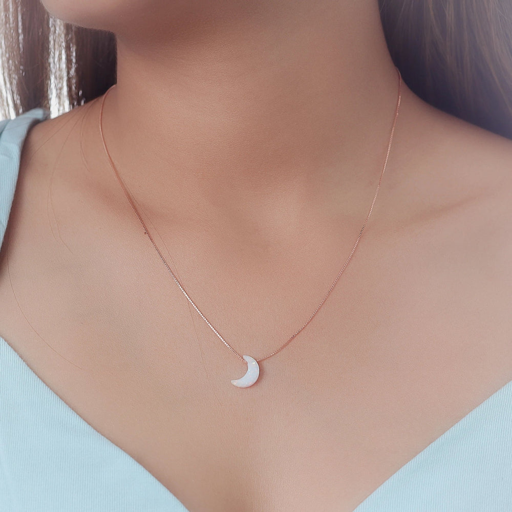 925 Silver Rose Gold Opal Moon Pendant - 925 sterling silver pendant by Tassya Silver