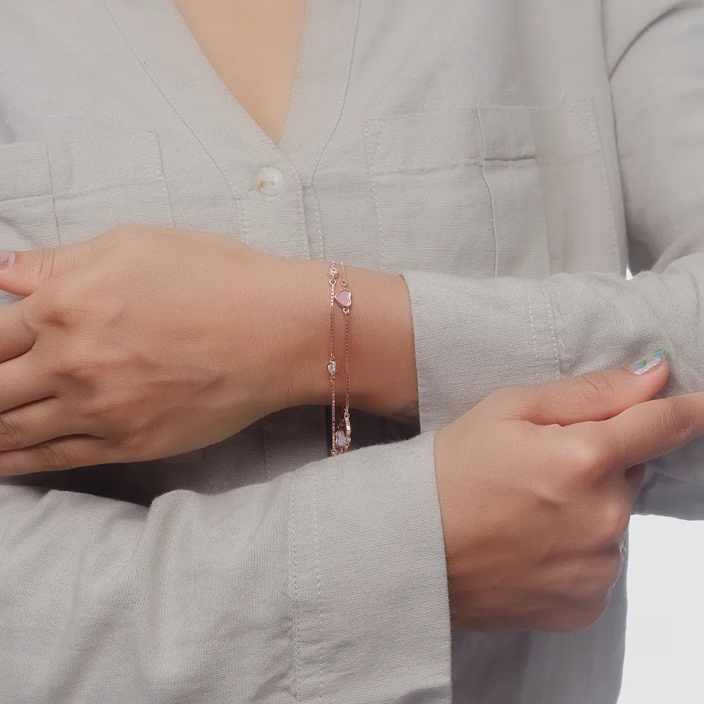 925 Silver Rosegold Duo Heart Charm Bracelet - 925 sterling silver bracelet by Tassya Silver