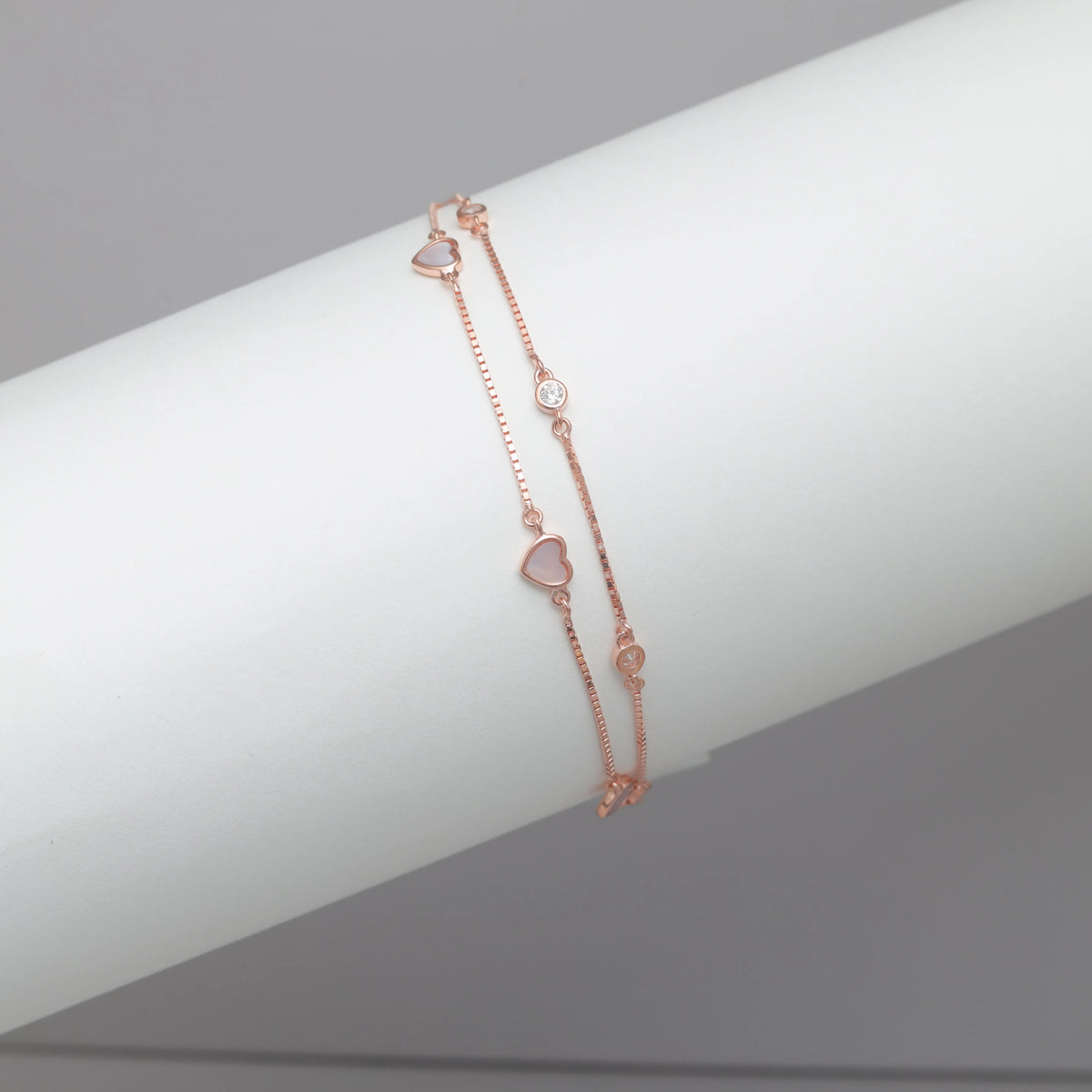 925 Silver Rosegold Duo Heart Charm Bracelet - 925 sterling silver bracelet by Tassya Silver