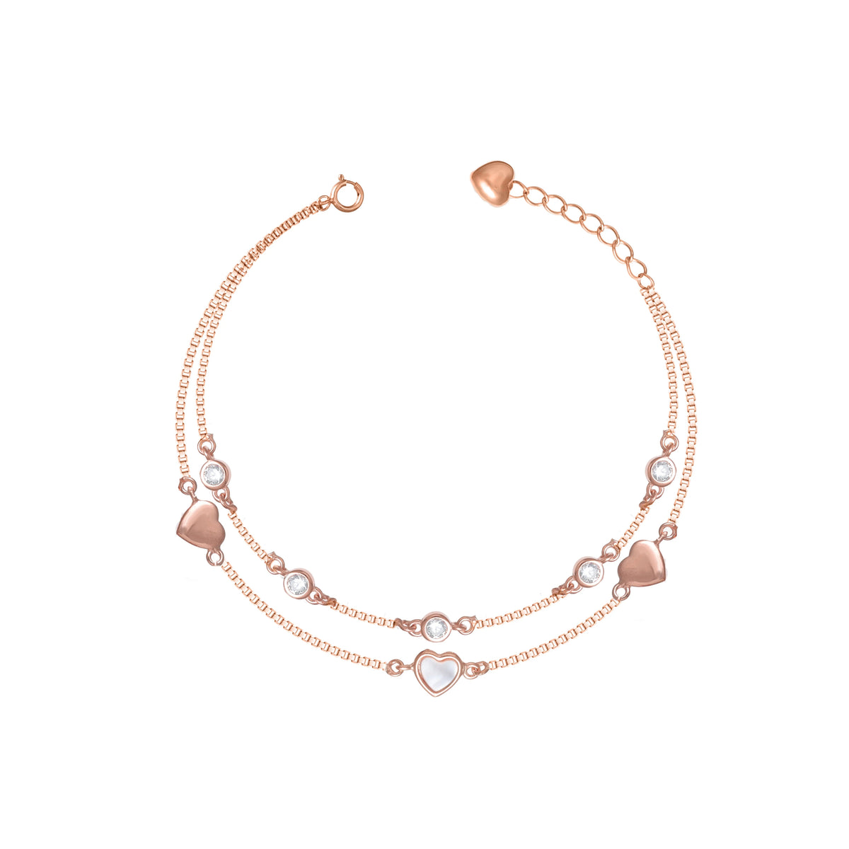 925 Silver Rosegold Duo Heart Charm Bracelet - 925 sterling silver bracelet by Tassya Silver