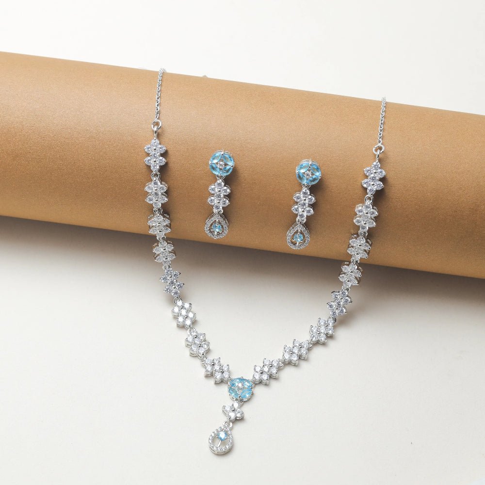 925 Silver Sea Blue Diamond Necklace Set - 925 sterling silver necklace by Tassya Silver