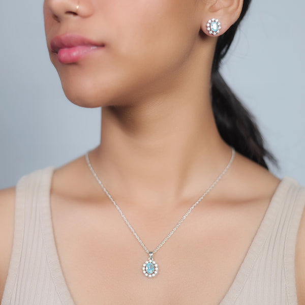 925 Silver Aquamarine Oval Pendant & Studs Set