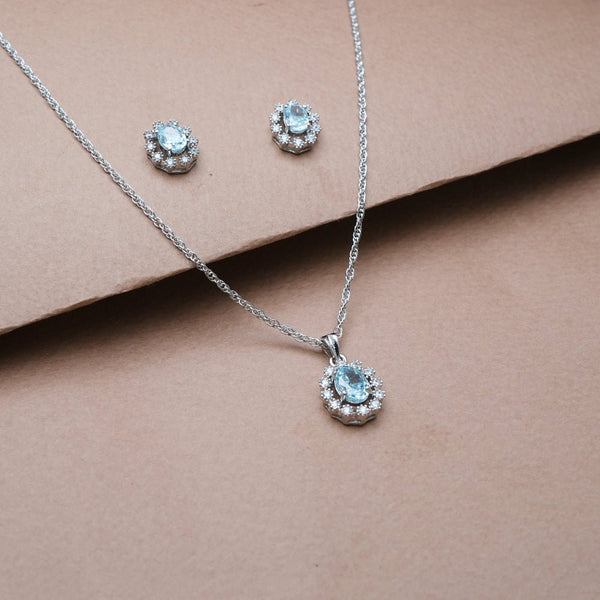 925 Silver Aquamarine Oval Pendant & Studs Set