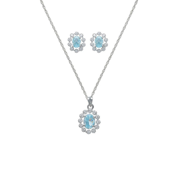 925 Silver Aquamarine Oval Pendant & Studs Set