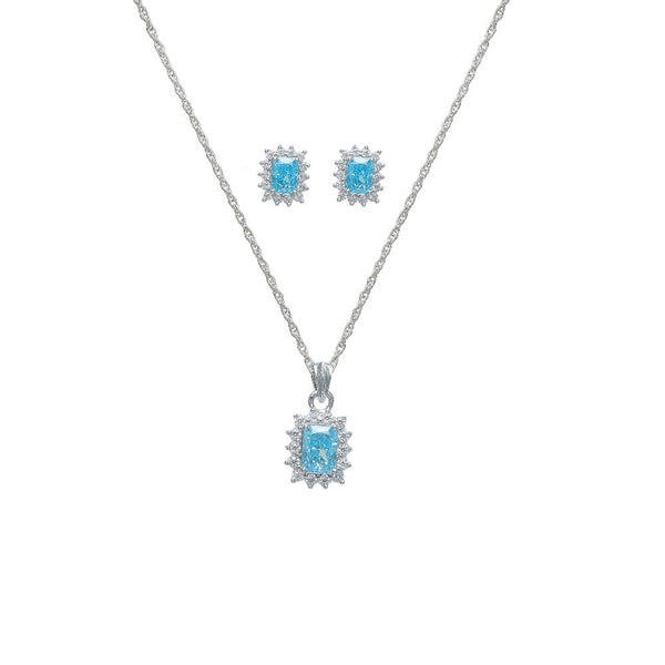 925 Silver Aquamarine Radiant Cut Halo Set