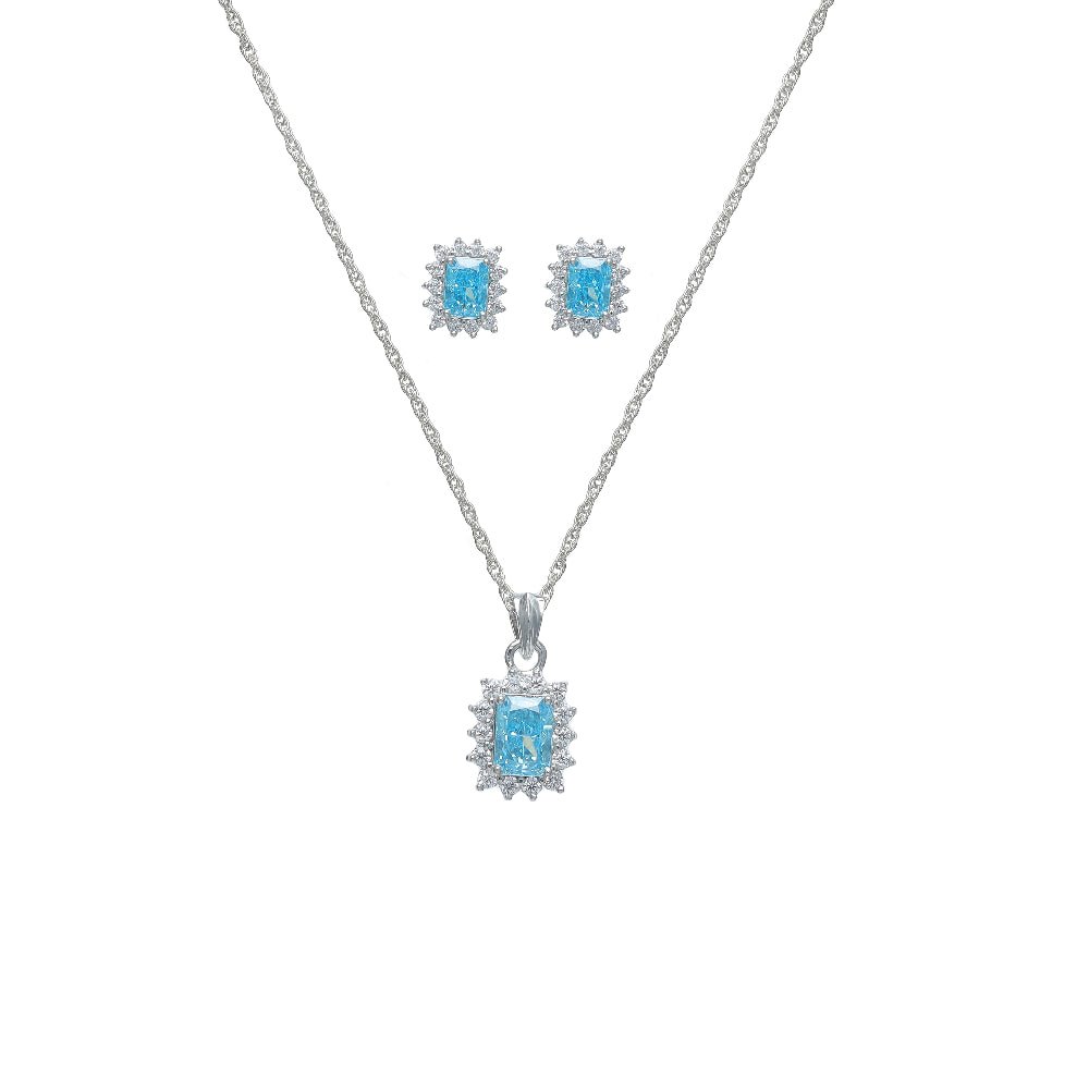 925 Silver Aquamarine Radiant Cut Halo Set - 925 sterling silver jewellery set by Tassya Silver
