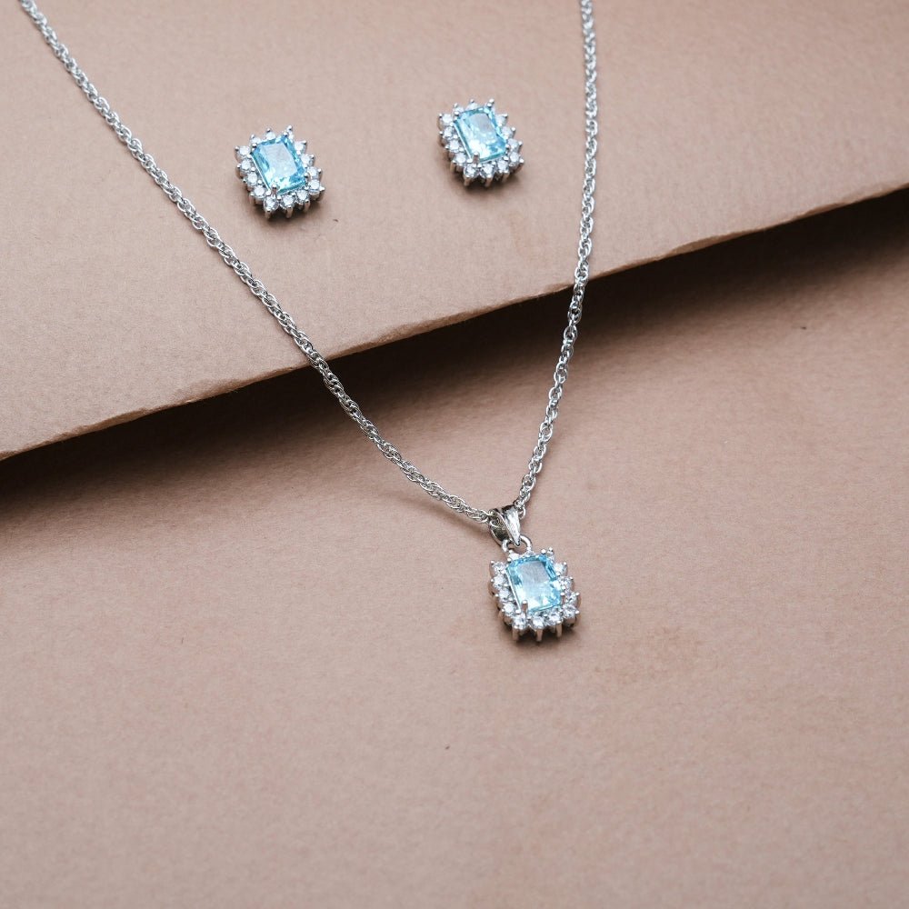 925 Silver Aquamarine Radiant Cut Halo Set - 925 sterling silver jewellery set by Tassya Silver
