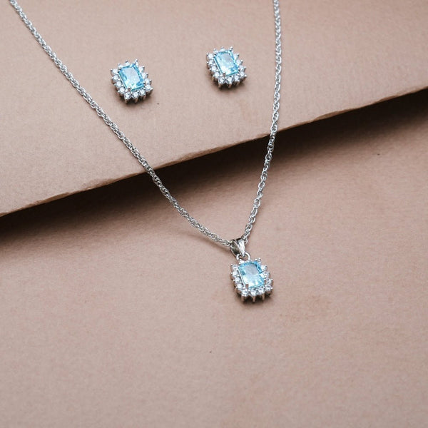925 Silver Aquamarine Radiant Cut Halo Set