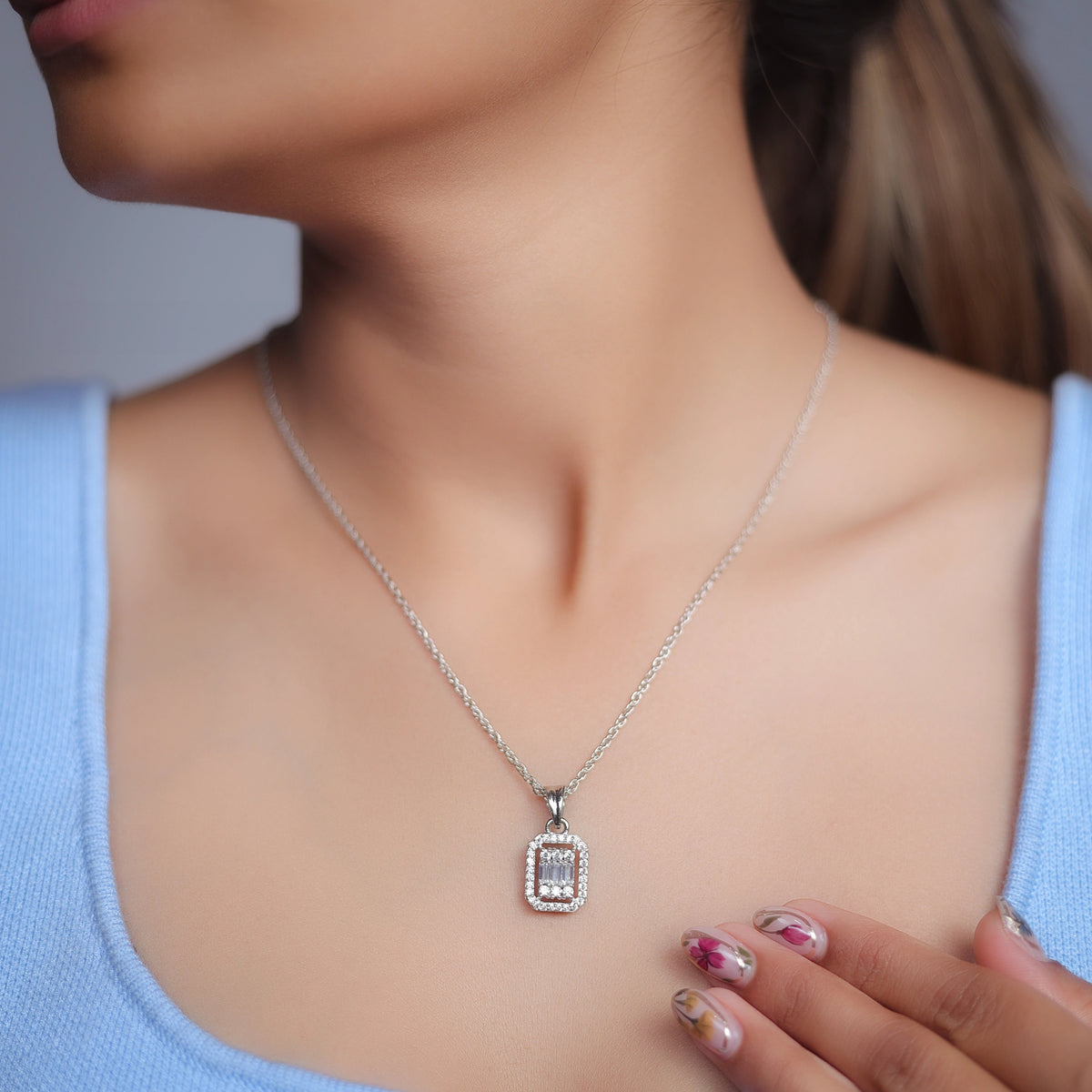 925 Silver Baguette & Round Halo Pendant - 925 sterling silver pendant by Tassya Silver