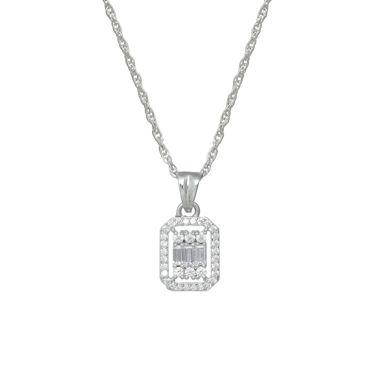 925 Silver Baguette & Round Halo Pendant - 925 sterling silver pendant by Tassya Silver