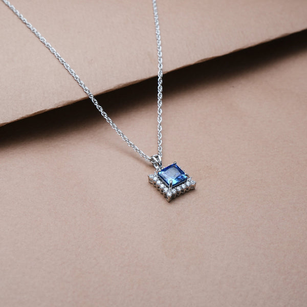925 Silver Blue Emerald Square Halo Pendant
