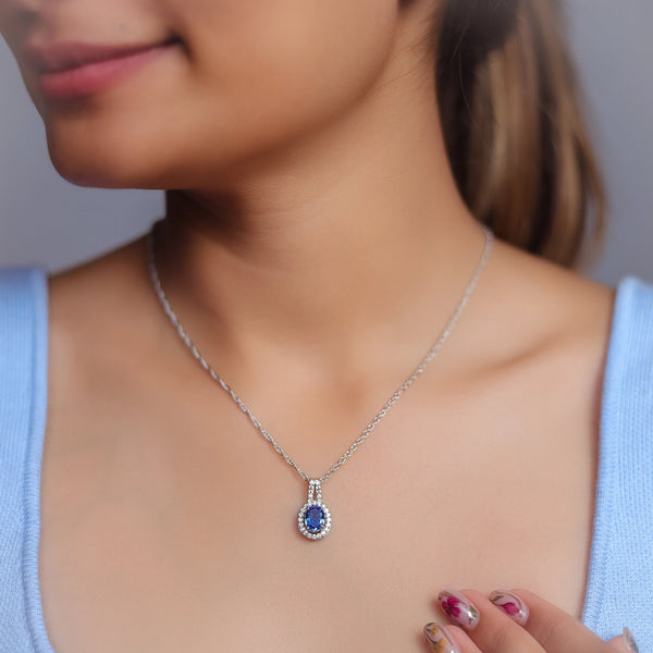 925 Silver Blue Oval Halo Pendant