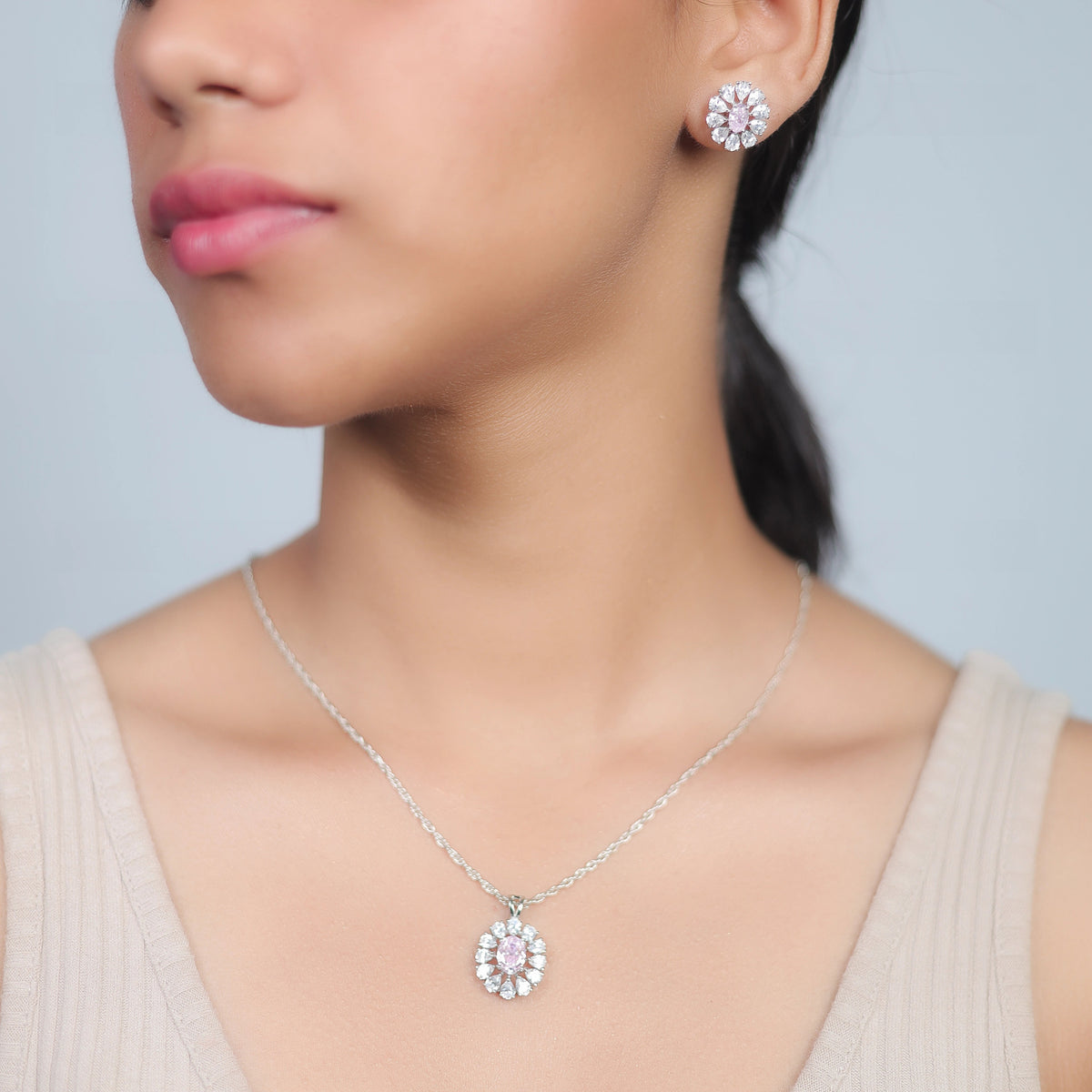 925 Silver Blush Bloom Pendant & Studs Set - 925 sterling silver earrings by Tassya Silver