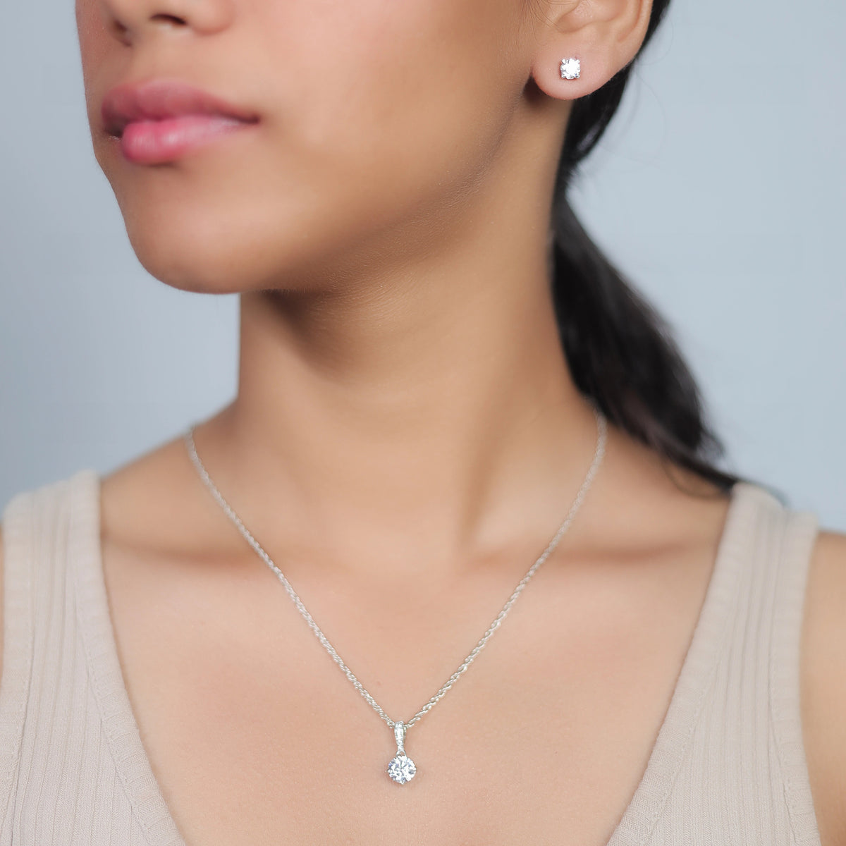 925 Silver Classic Solitaire Pendant & Studs Set - 925 sterling silver earrings by Tassya Silver