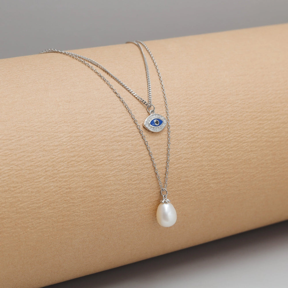 925 Silver Layered Evil Eye Pearl Pendant - 925 sterling silver pendant by Tassya Silver