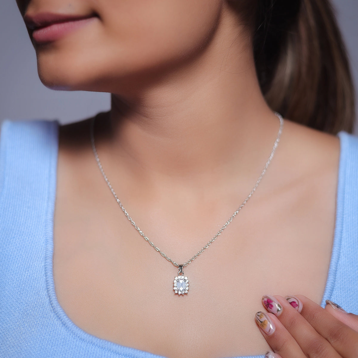 925 Silver Emerald Cut Halo Pendant - 925 sterling silver pendant by Tassya Silver