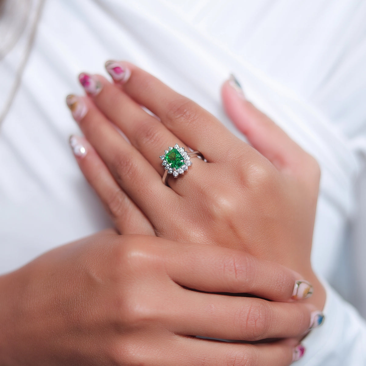 925 Silver Emerald Halo Elegant Ring - 925 sterling silver ring by Tassya Silver