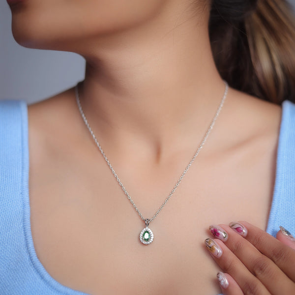 925 Silver Emerald Teardrop Halo Pendant