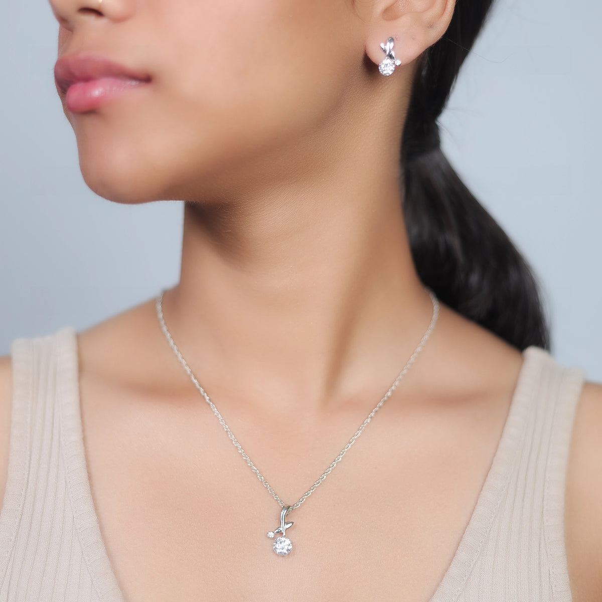 925 Silver Floral Bloom Pendant & Studs Set - 925 sterling silver earrings by Tassya Silver