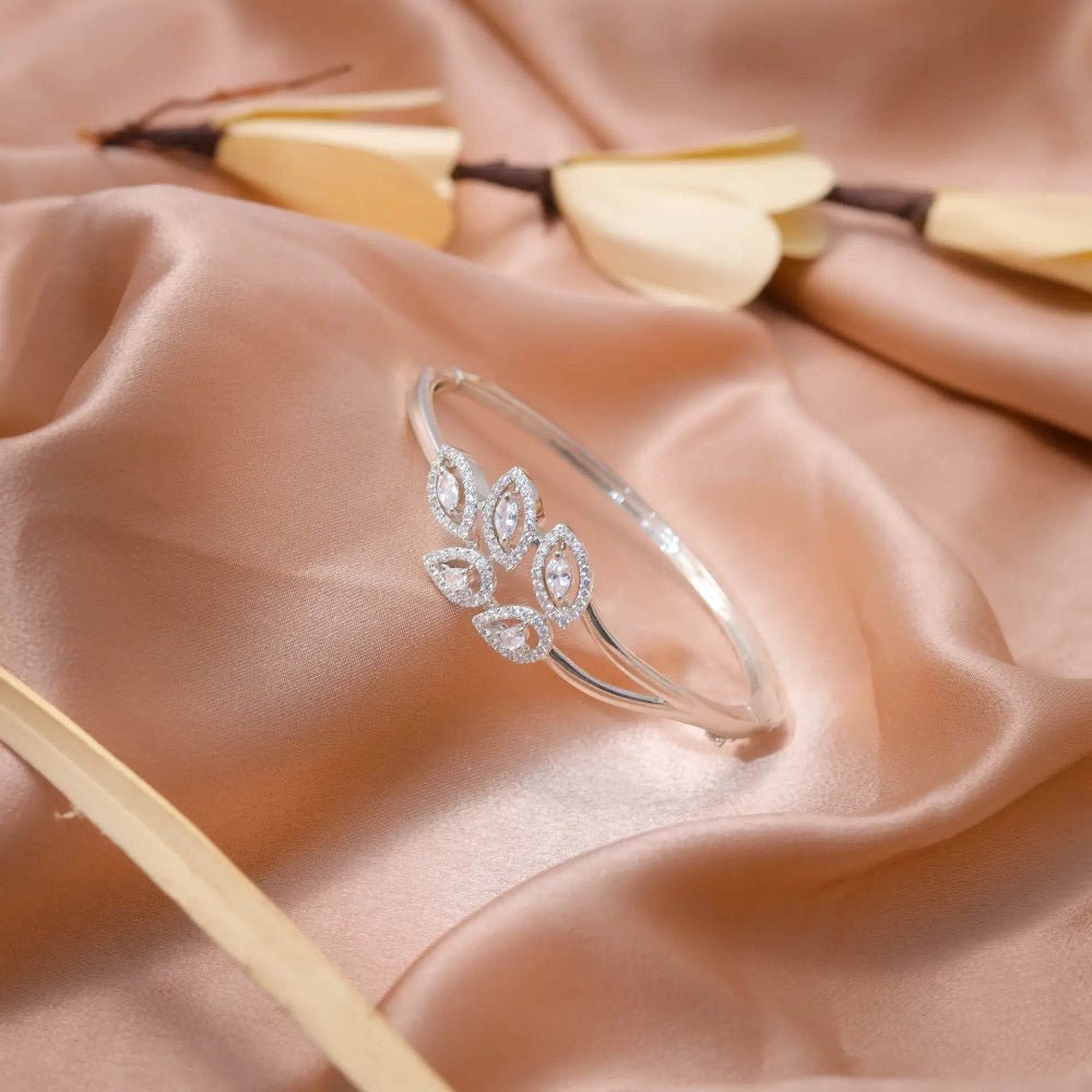 925 Silver Floral Diamond Kada - 925 sterling silver bracelet by Tassya Silver