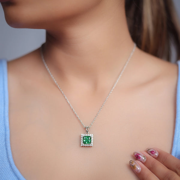 925 Silver Emerald Square Halo Pendant