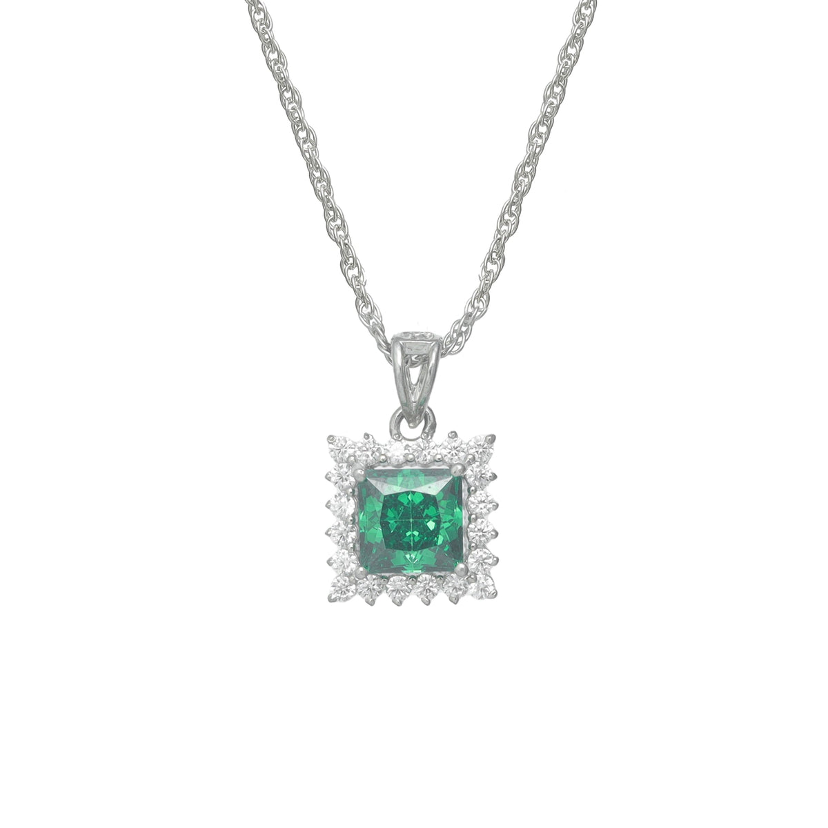 925 Silver Emerald Square Halo Pendant - 925 sterling silver pendant by Tassya Silver